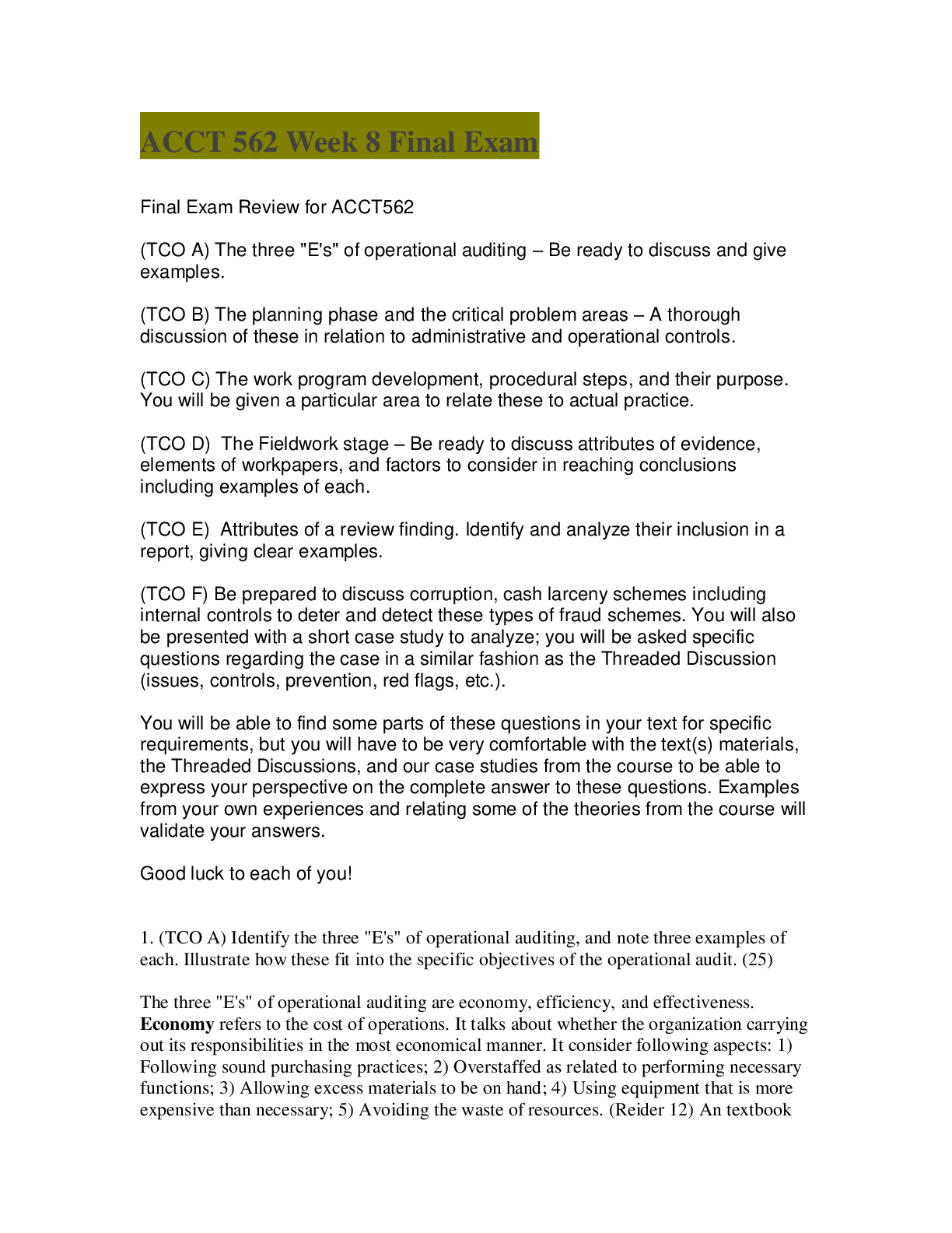 Preview of Chamberlain College of Nursing - ACCT 562 Final Exam Questions and Answers Rated A